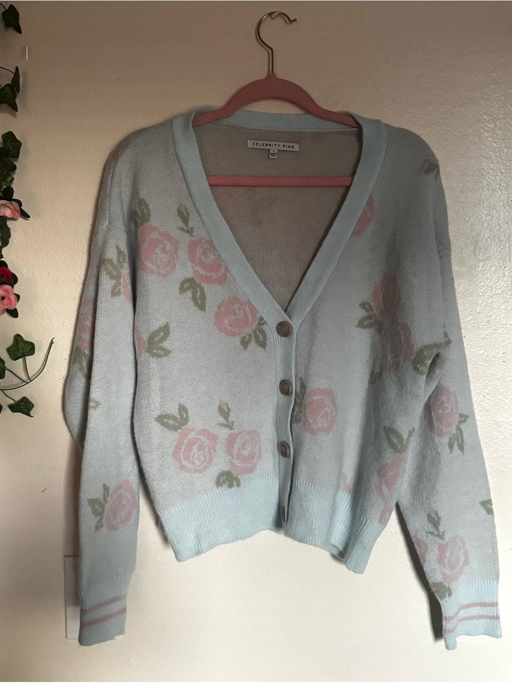 Celebrity Pink Pastel Blue Floral V-Neck Cardigan